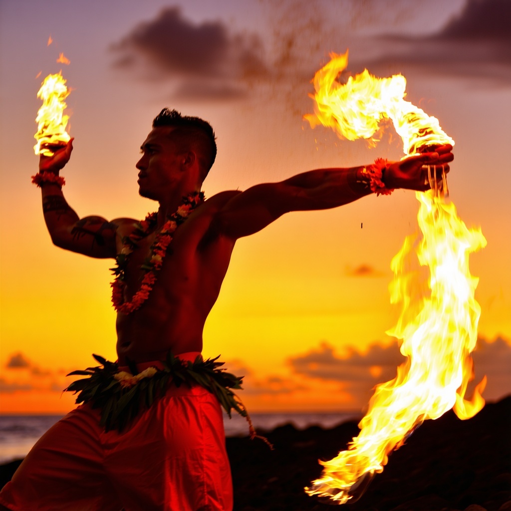 hawaiian firedancer performer sunset background dark